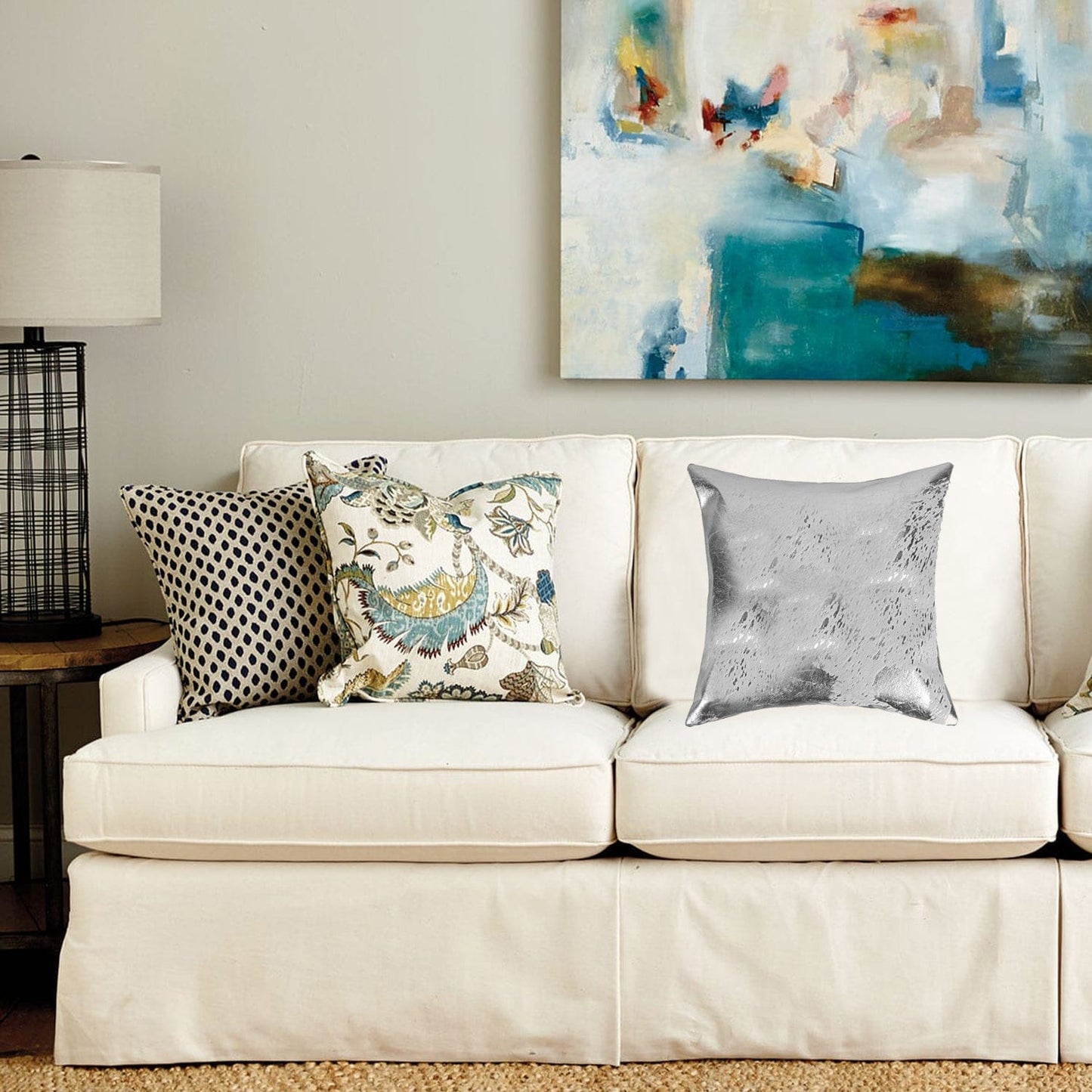 18" X 18" X 5" Gray And Silver Cowhide Pillow