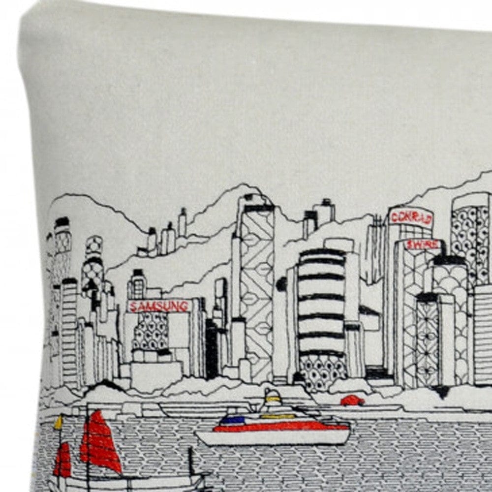 24" White Hong Kong Daylight Skyline Lumbar Decorative Pillow