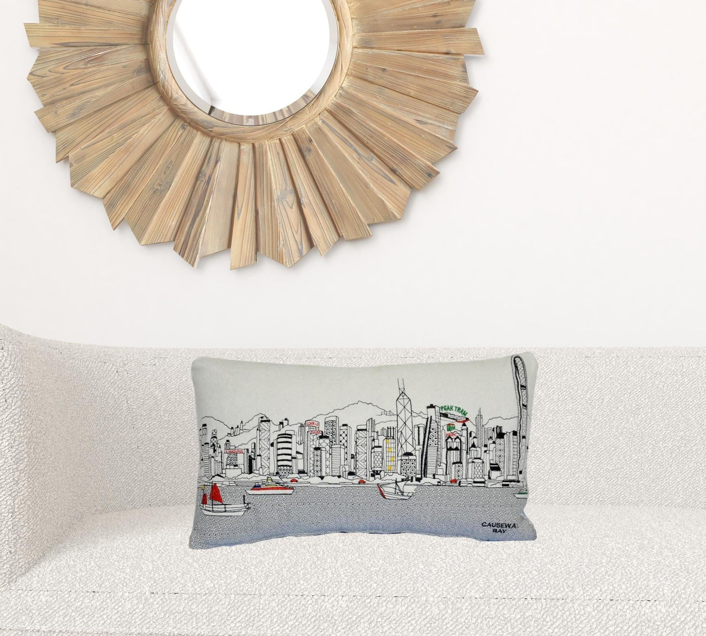 24" White Hong Kong Daylight Skyline Lumbar Decorative Pillow