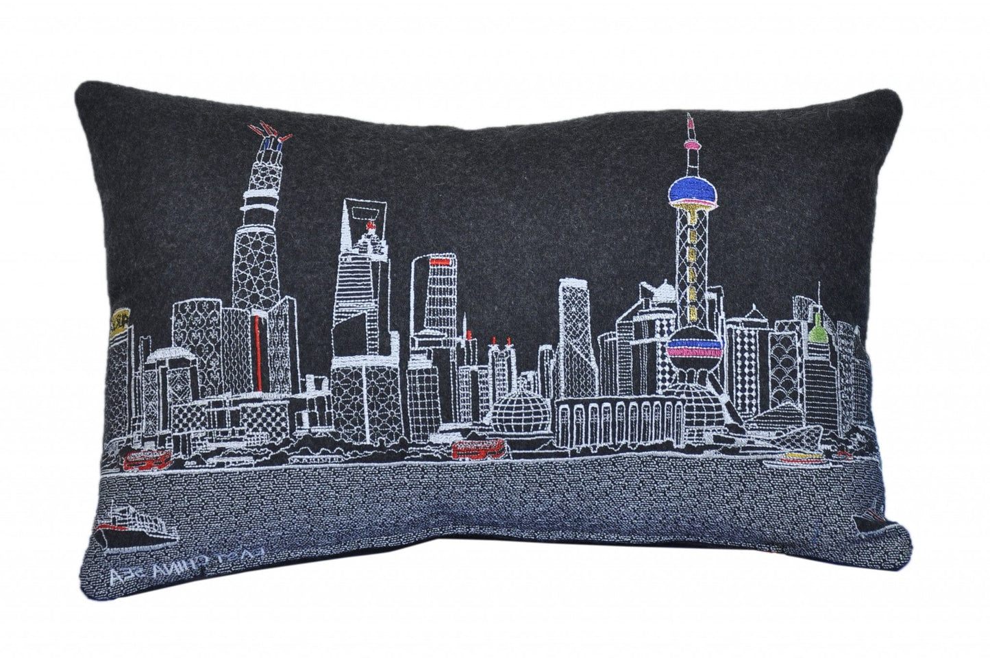 24" Black Shanghai Nighttime Skyline Lumbar Decorative Pillow