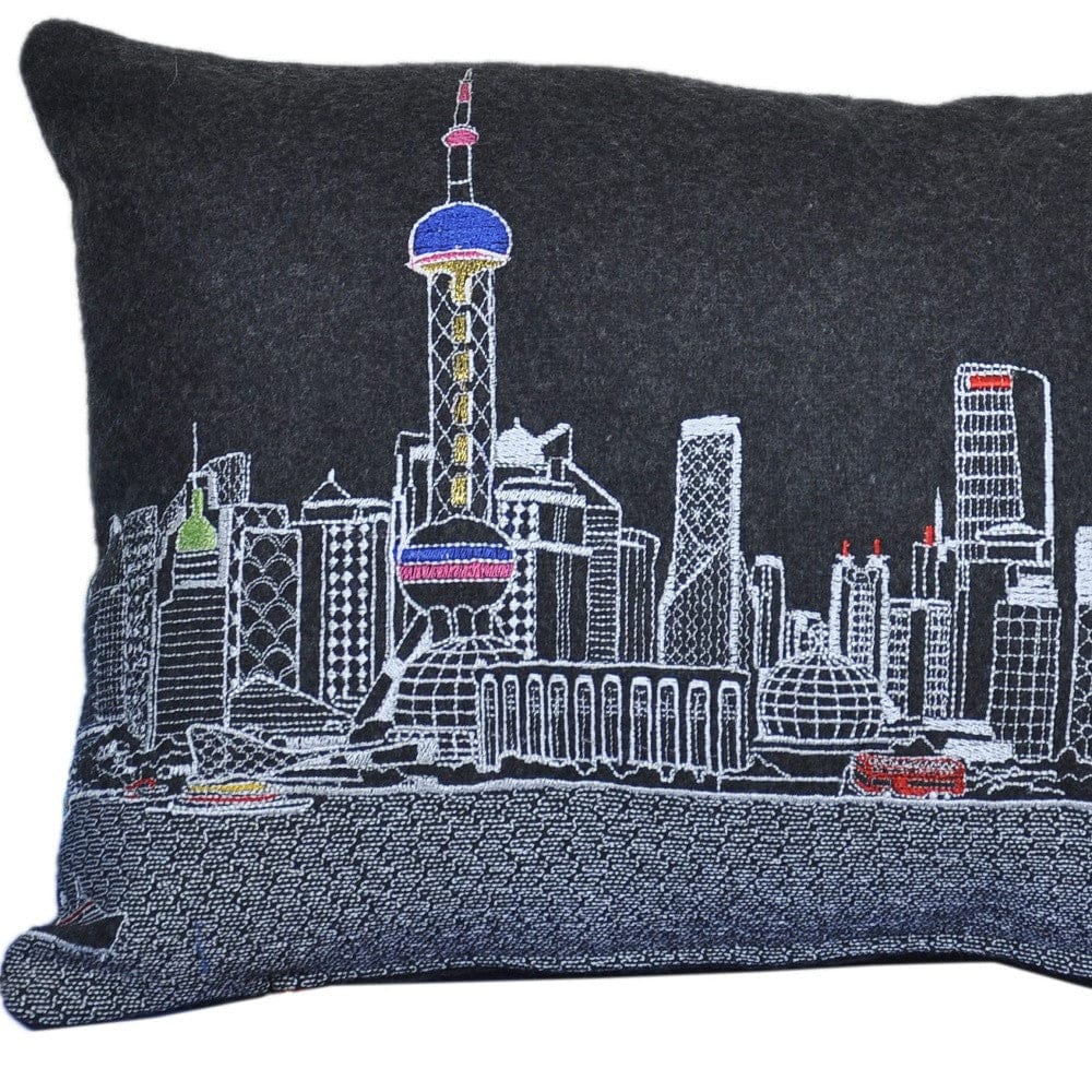 24" Black Shanghai Nighttime Skyline Lumbar Decorative Pillow
