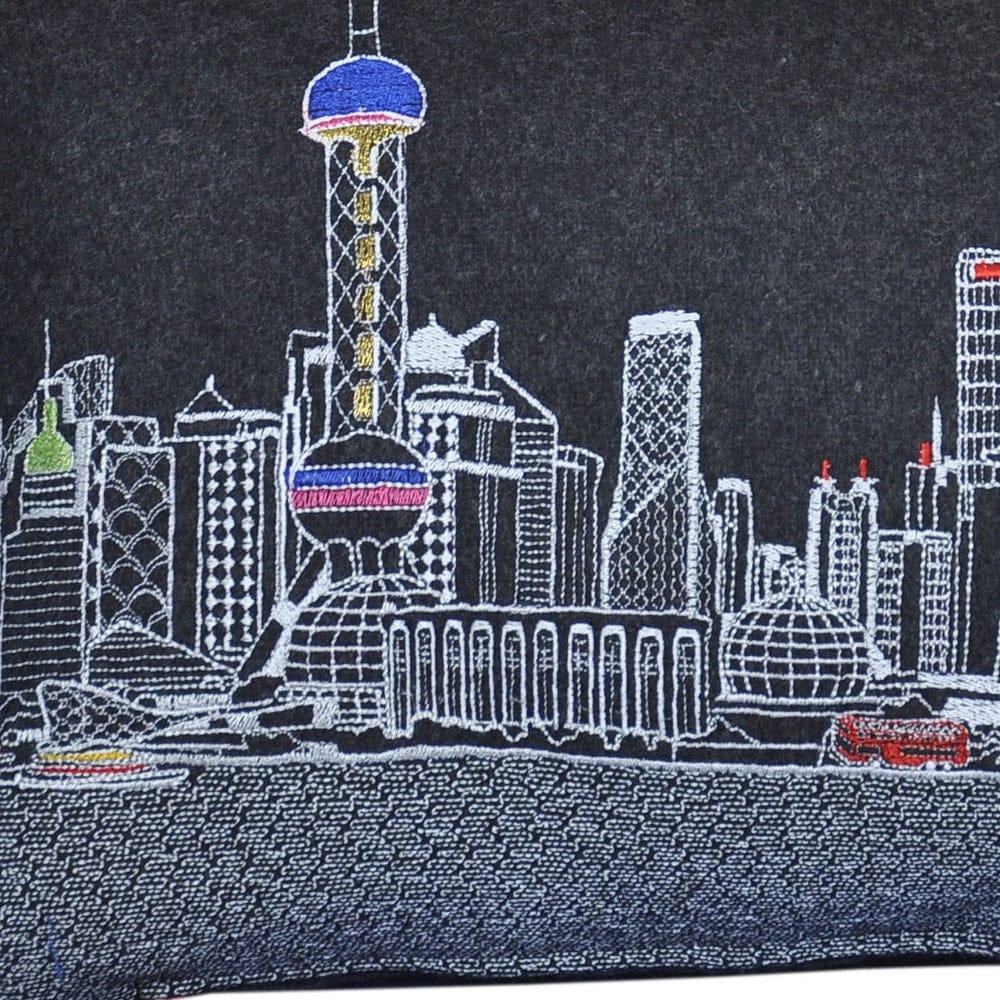 24" Black Shanghai Nighttime Skyline Lumbar Decorative Pillow