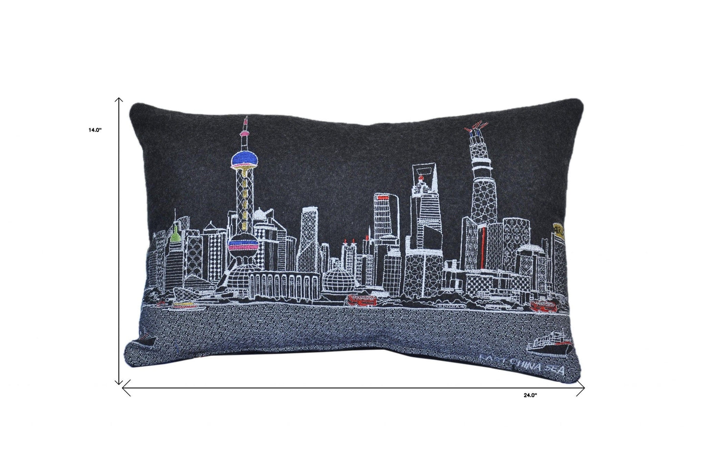 24" Black Shanghai Nighttime Skyline Lumbar Decorative Pillow