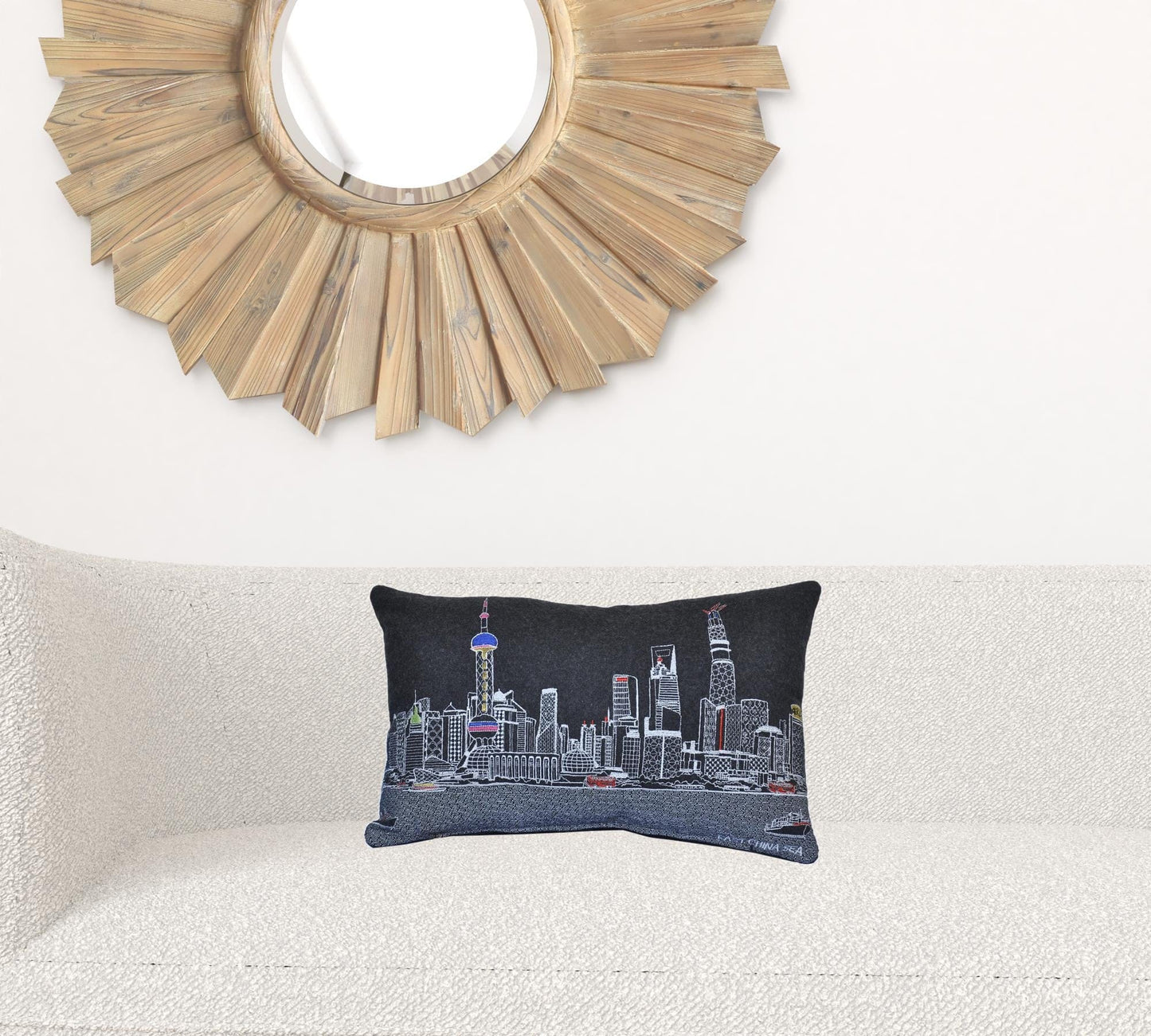 24" Black Shanghai Nighttime Skyline Lumbar Decorative Pillow