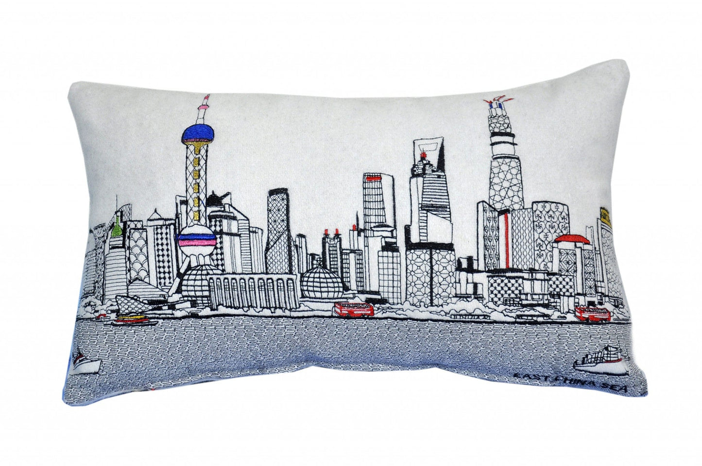 24" White Shanghai Daylight Skyline Lumbar Decorative Pillow