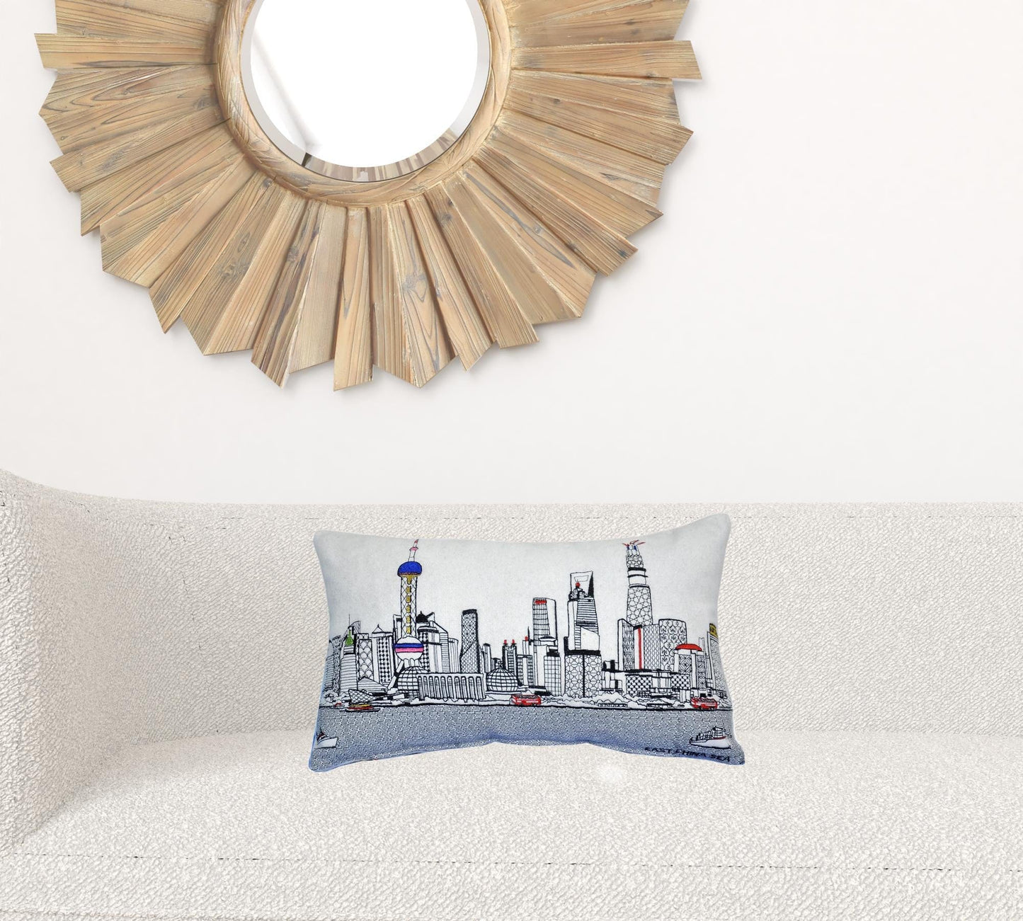 24" White Shanghai Daylight Skyline Lumbar Decorative Pillow