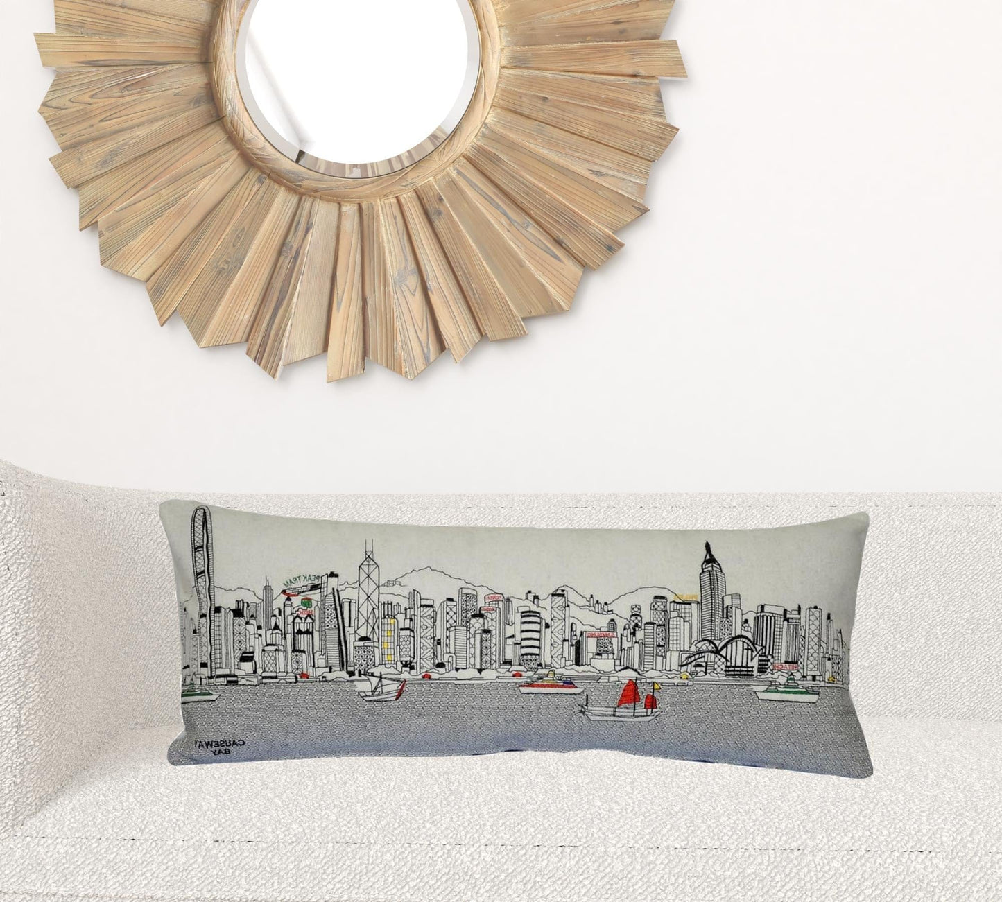 35" White Hong Kong Daylight Skyline Lumbar Decorative Pillow