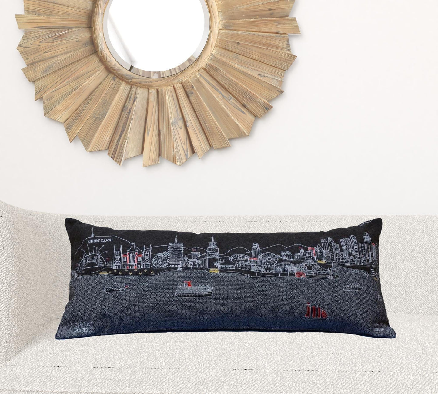 35" Black Los Angeles Nighttime Skyline Lumbar Decorative Pillow