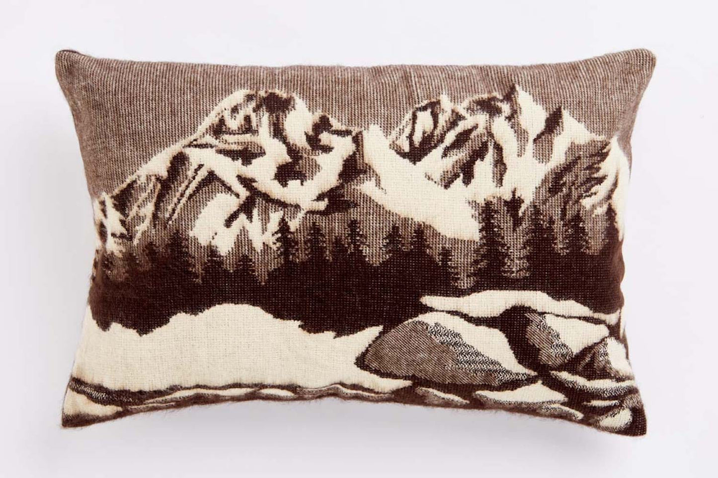 20" X 14" Brown And White Mountain Scene Zippered Lumbar Pillow Cover
