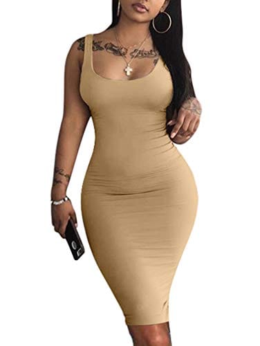 LAGSHIAN Women's Sexy Bodycon Tank Dress Sleeveless Basic Midi Club Dresses Yellow