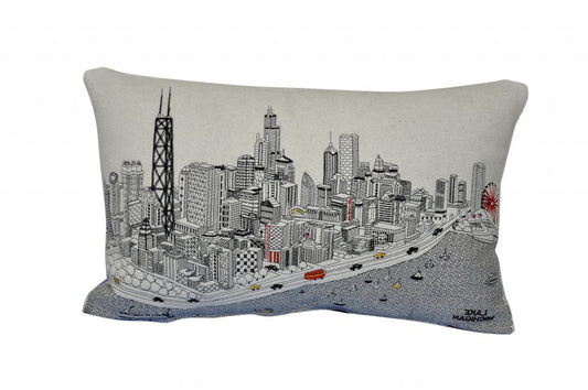 24" White Chicago Daylight Skyline Lumbar Decorative Pillow
