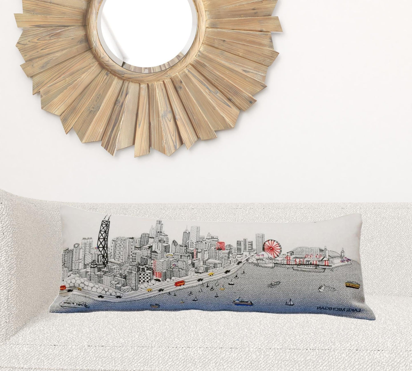 35" White Chicago Daylight Skyline Lumbar Decorative Pillow