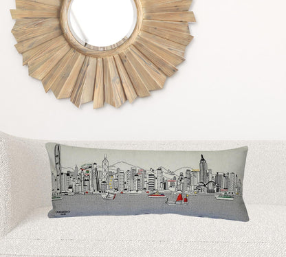 35" White Hong Kong Daylight Skyline Lumbar Decorative Pillow