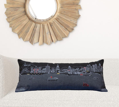 35" Black Los Angeles Nighttime Skyline Lumbar Decorative Pillow