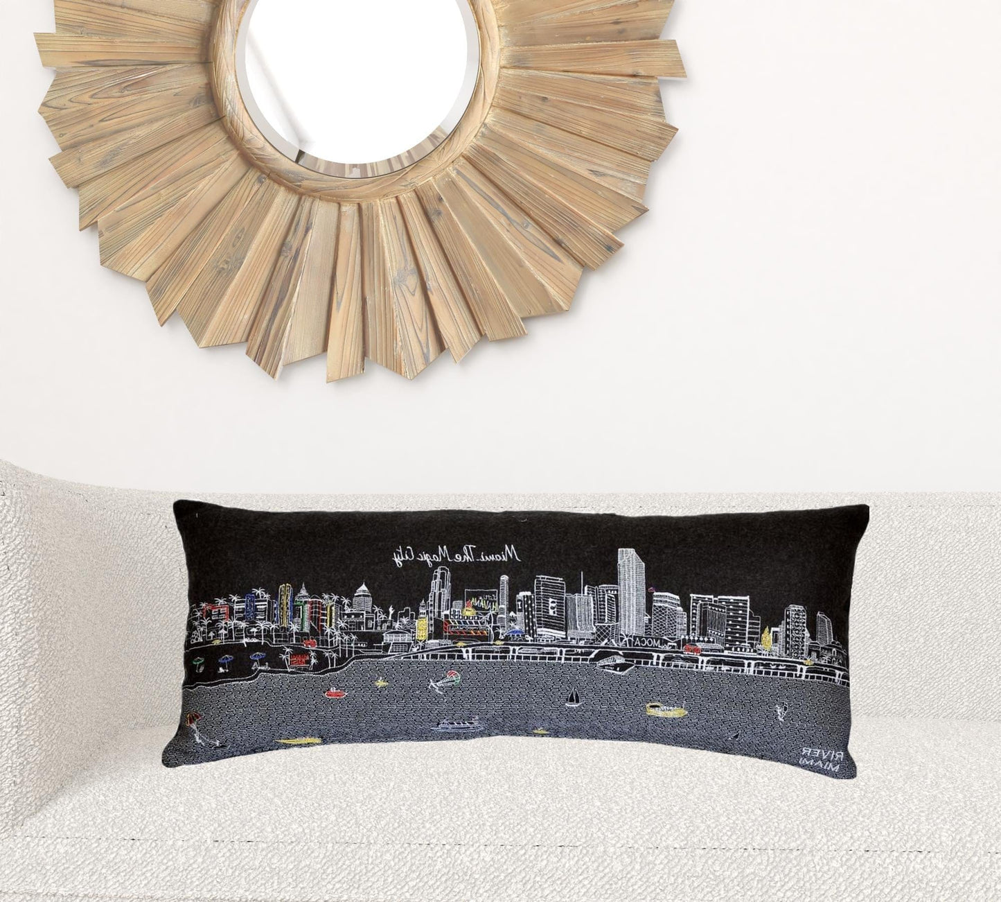 35" Black Miami Nighttime Skyline Lumbar Decorative Pillow