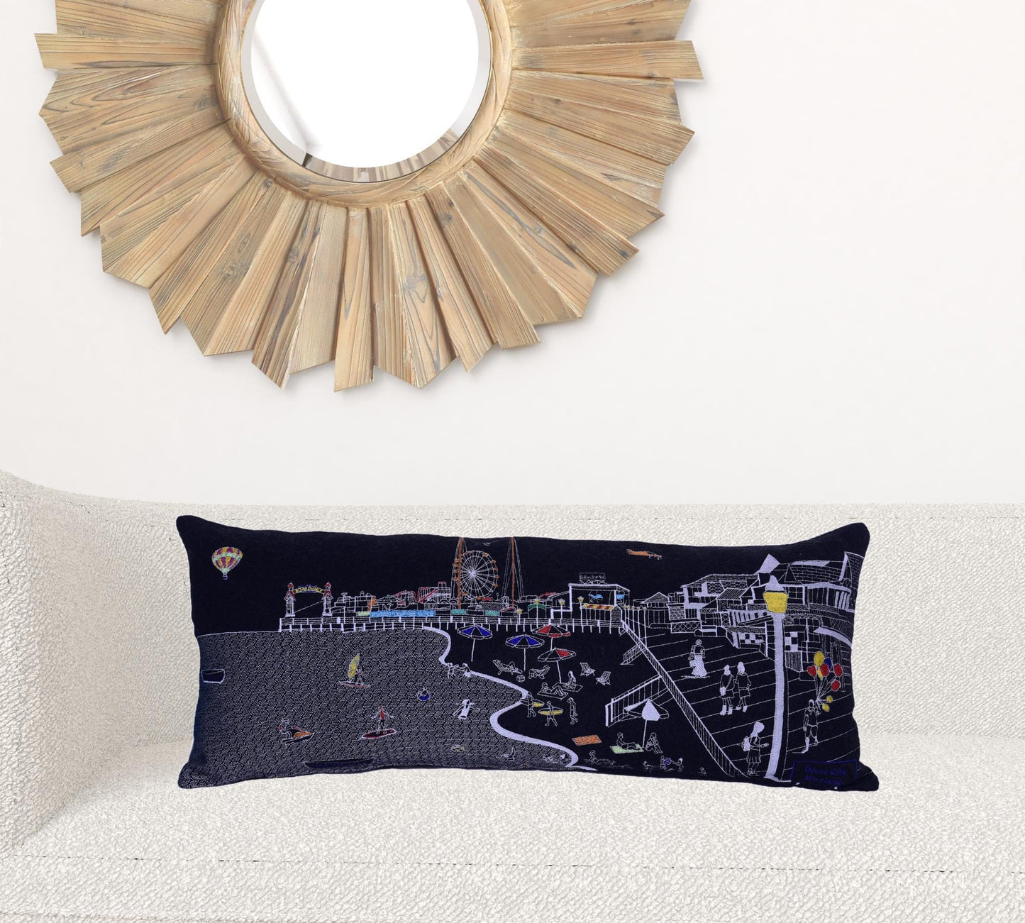 35" Black Ocean City Maryland Nighttime Skyline Lumbar Decorative Pillow