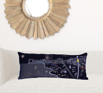 35" Black Ocean City Maryland Nighttime Skyline Lumbar Decorative Pillow