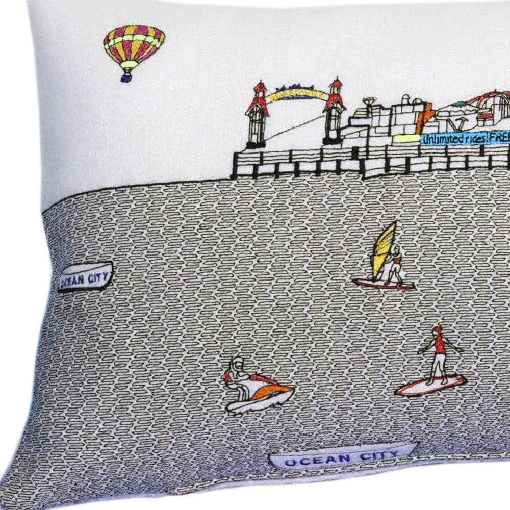 35" White Ocean City Maryland Daylight Skyline Lumbar Decorative Pillow