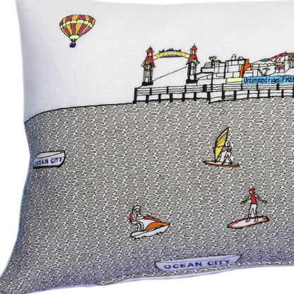 35" White Ocean City Maryland Daylight Skyline Lumbar Decorative Pillow