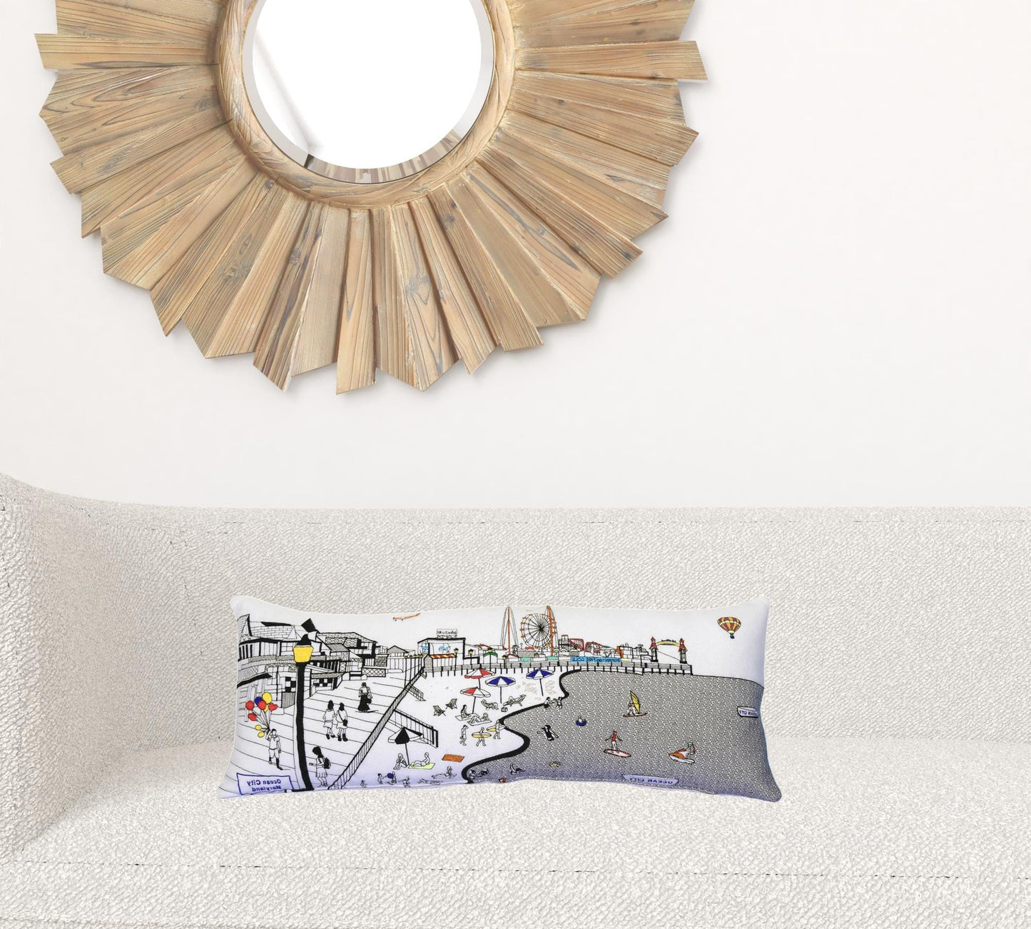 35" White Ocean City Maryland Daylight Skyline Lumbar Decorative Pillow