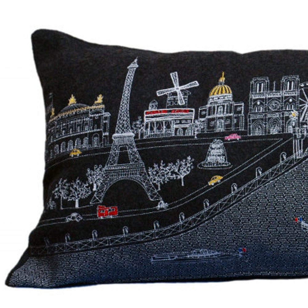 35" Black and White Paris Nighttime Skyline Standard Lumbar Decorative Pillow