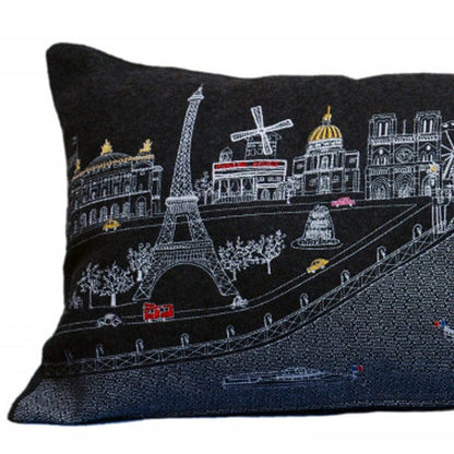 35" Black and White Paris Nighttime Skyline Standard Lumbar Decorative Pillow