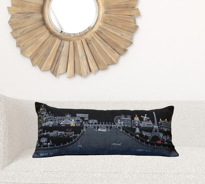35" Black and White Paris Nighttime Skyline Standard Lumbar Decorative Pillow