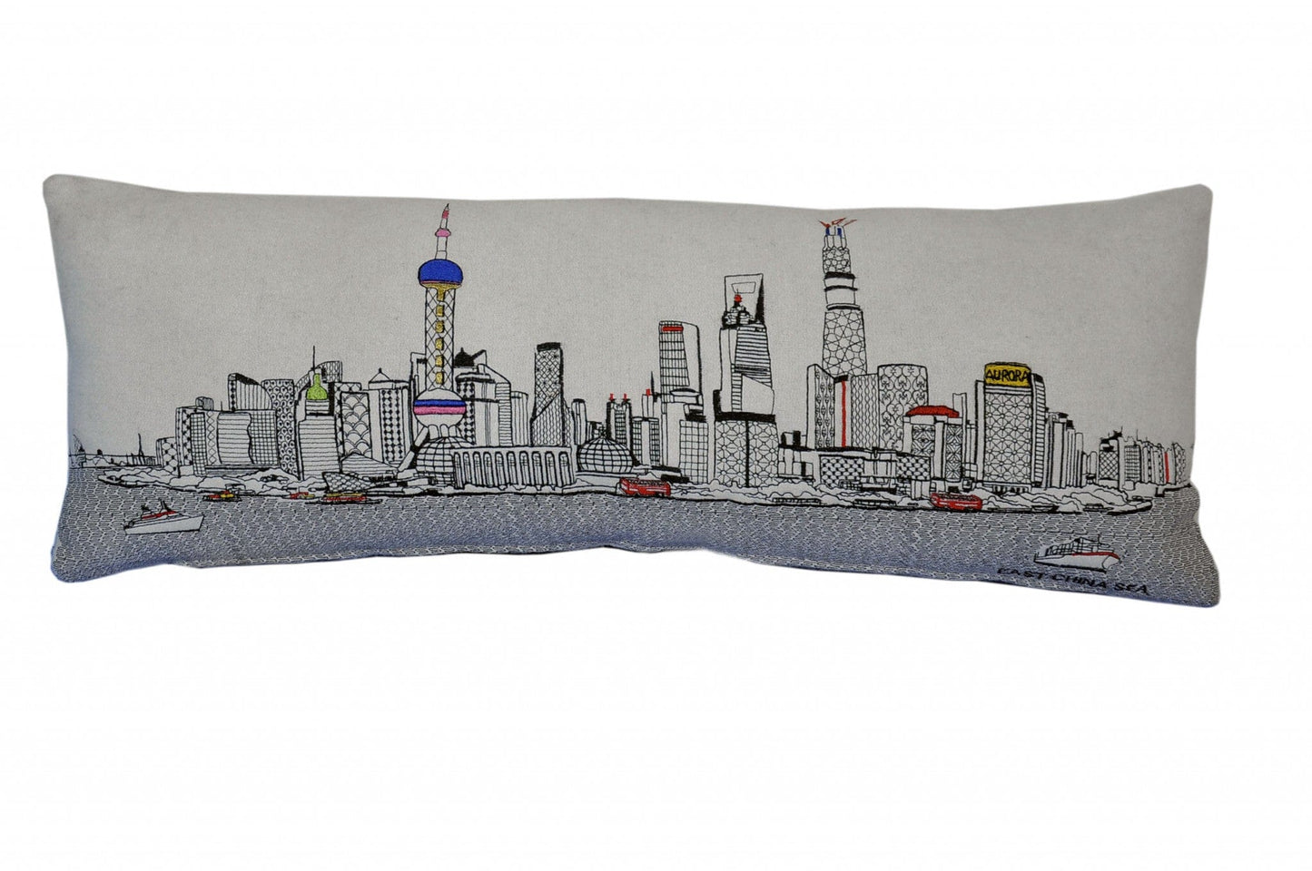 35" White Shanghai  Daylight Skyline Lumbar Decorative Pillow