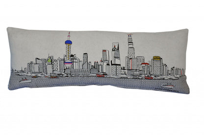 35" White Shanghai  Daylight Skyline Lumbar Decorative Pillow