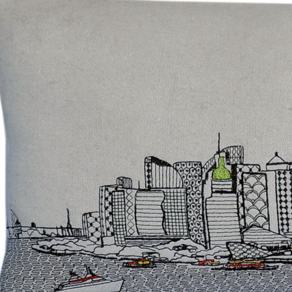 35" White Shanghai  Daylight Skyline Lumbar Decorative Pillow