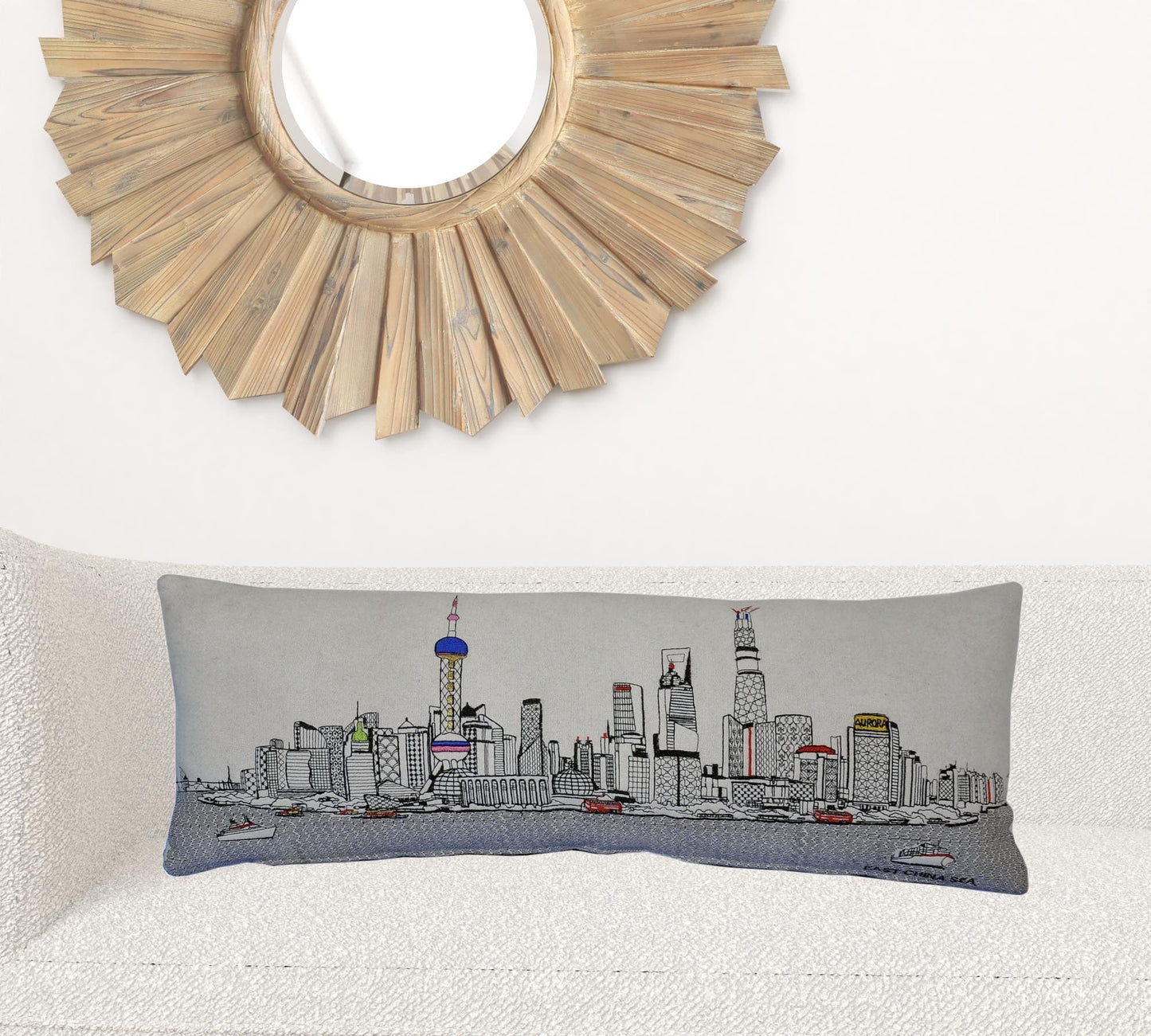 35" White Shanghai  Daylight Skyline Lumbar Decorative Pillow