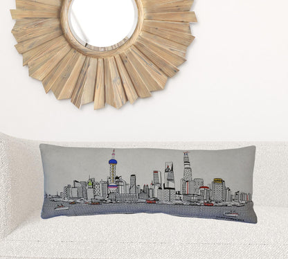 35" White Shanghai  Daylight Skyline Lumbar Decorative Pillow