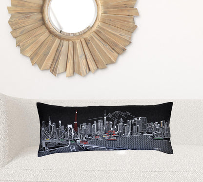 35" Black Tokyo Nighttime Skyline Lumbar Decorative Pillow